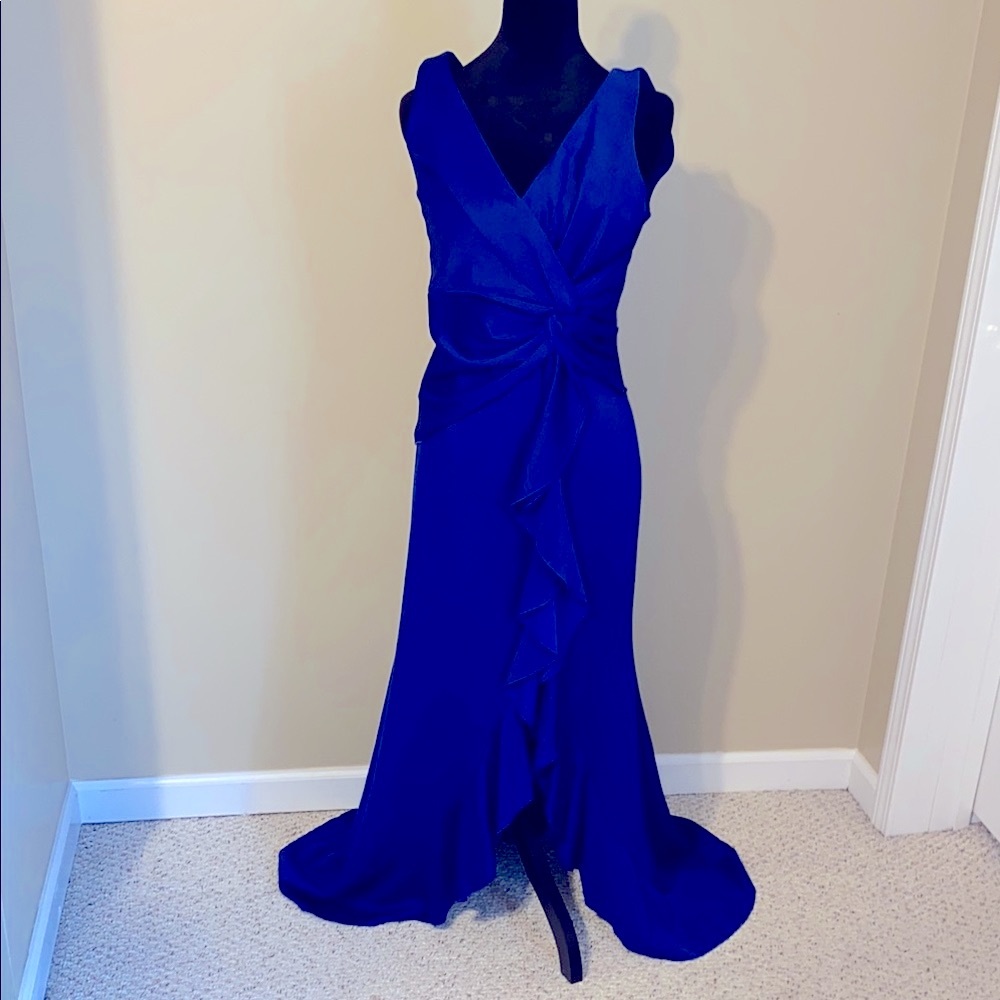Blue High Low Wrap Gown with V-Neck